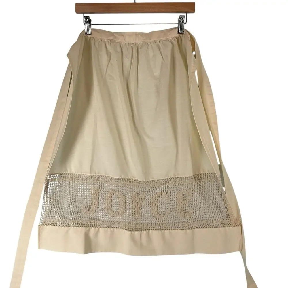 Vtg Handmade JOYCE Crochet Spellout Name Half Apron 50s 60s Cotton Cottage Cream